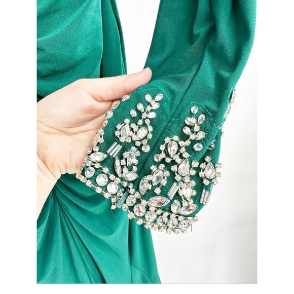 Mac Duggal 12231 Emerald Green Beaded Cuff Drop Shoulder Faux Wrap Gown 8 - Picture 3 of 5